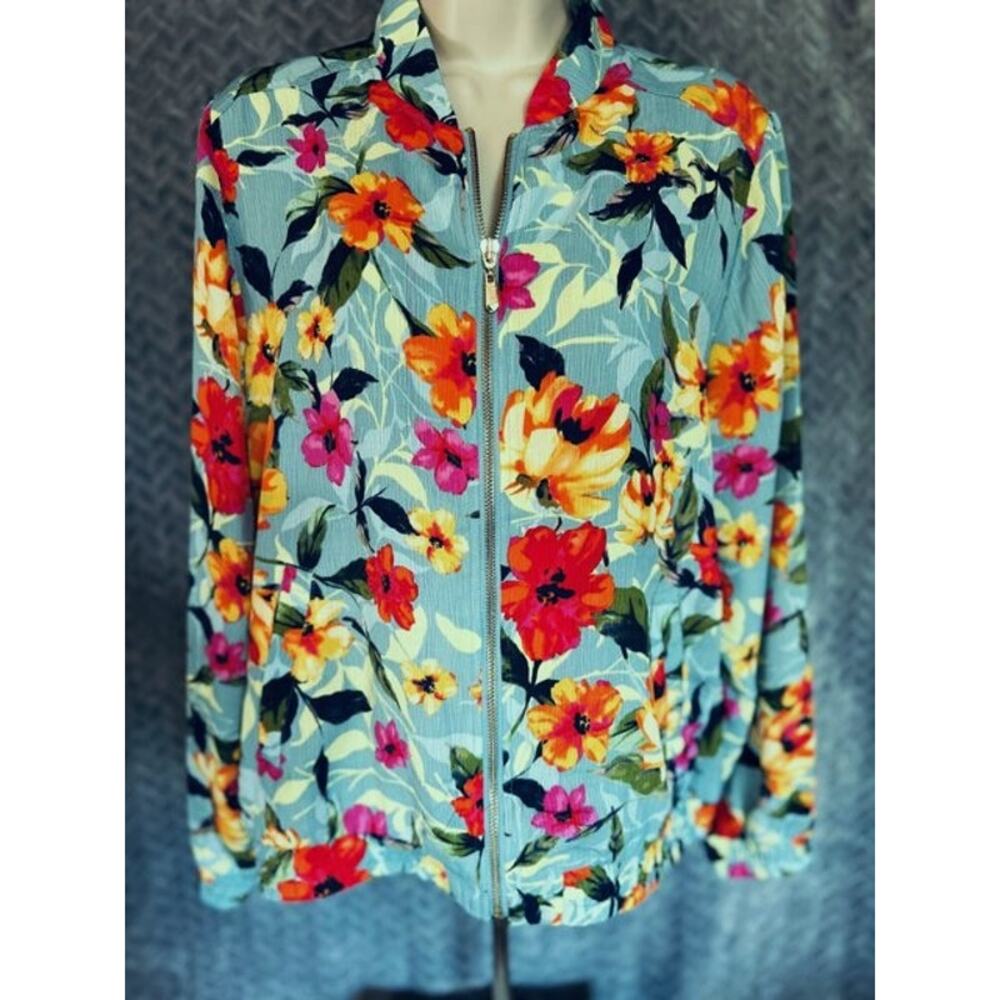 Susan Graver Floral Print Full Zip Jacket Sz M Colorful Easy Care Cruise Resort